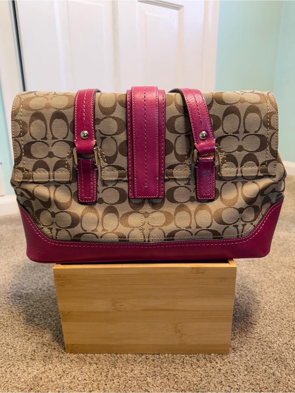 Coach Signature Canvas Satchel with Pink Leather Accents - Picture 2 of 7